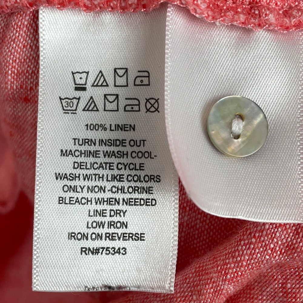 Tahari Linen Blouse Size 1X Plus Coral Faux Button Back Shirt Roll Tab Sleeves - Picture 6 of 10